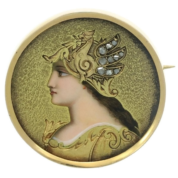 Victorian enameled brooch, goddess Minerva